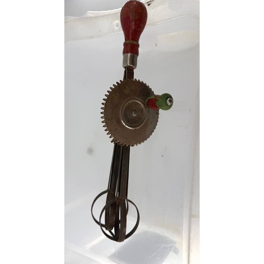 Androck Vtg Egg Beater Hand Crank Rotary Mixer Red Wood Handle Farmhouse Kitchen